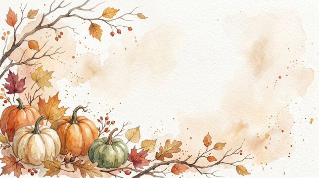 Cozy autumn watercolor background with pumpkins and fall foliage