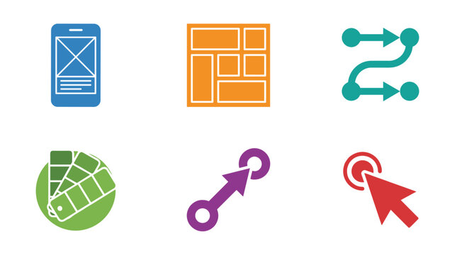 Set of colorful design and development icons including mobile wireframe, layout, workflow, color palette, scaling, and click cursor, illustrating digital process