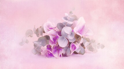 Obraz premium eucalyptus. Delicate watercolor of pink flowers and eucalyptus in soft pastel tones with artistic blur. gardening catalogs, home-decor guides, designed for home decor and floral branding.