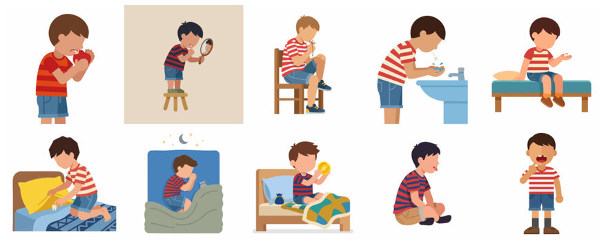 Little boy losing his first baby tooth sequence set, tooth fairy tradition and dental health concept vector illustration.