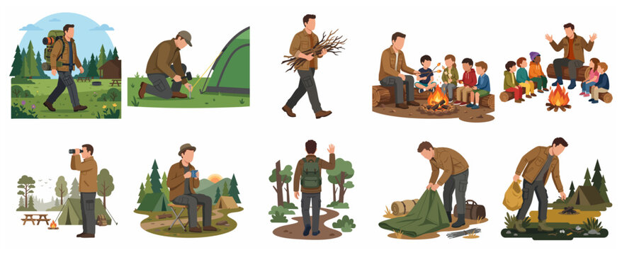 Set of camping and outdoor activities illustrations featuring a man hiking, setting up a tent, building a campfire with kids, and exploring nature.