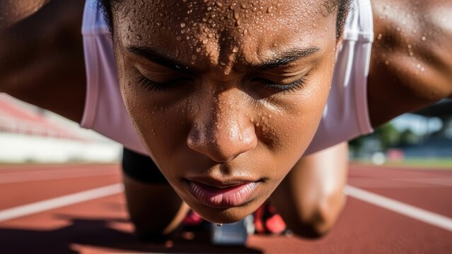 Sweating black female sprinter at starting line in bright sun.