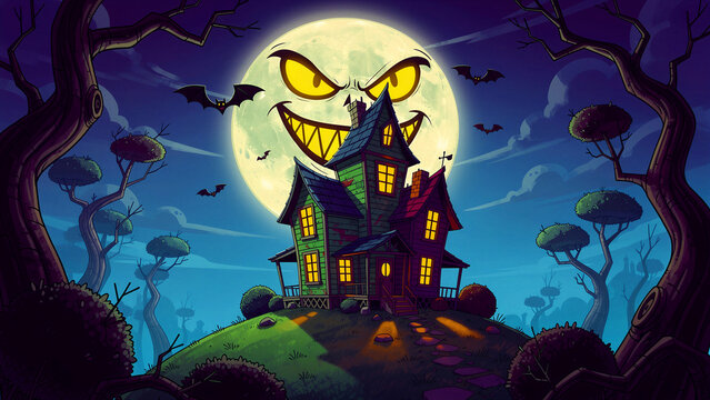 Cartoon haunted house on a hill under a giant full moon with a creepy face. Bats fly across the dark sky near the crooked mansion. Halloween horror concept for seasonal party decorations.