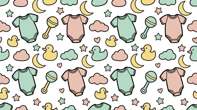 Seamless pixel art pattern of baby items, including bodysuits, rubber ducks, rattles, clouds, stars, and moons on a white background, ideal for nursery decor or fabric design