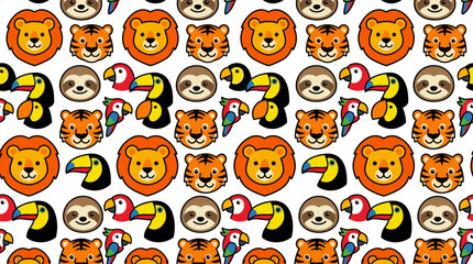 Obraz premium Seamless pixel art pattern with adorable jungle animals like lions, tigers, sloths, and parrots on a white background, ideal for fabric design