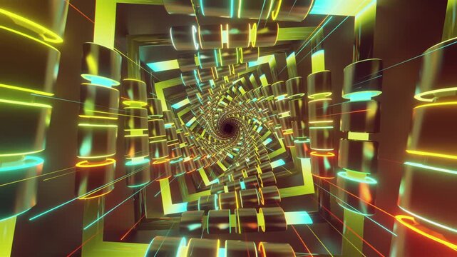 Hypnotic seamless VJ loop of a futuristic geometric spiral tunnel. Abstractvortex made of twisting blocks and digital structures, creating a deep perspective for stage screens and techno music events