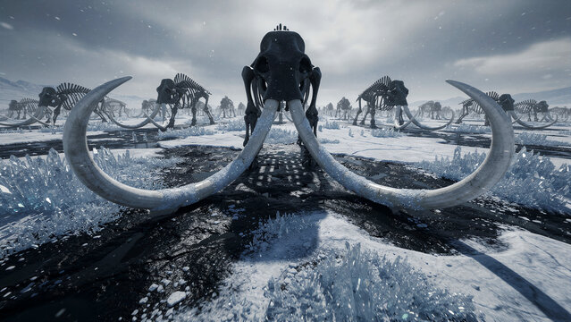 Mammoth skeletons with large tusks standing in a frozen arctic landscape. Prehistoric woolly mammoth fossils scattered on snowy tundra. Extinction concept for paleontology and history themes.