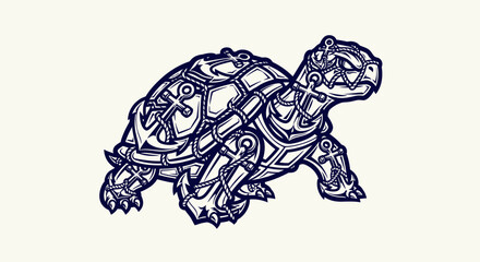 Fototapeta premium Stylized Sea Turtle Vector Illustration with Nautical Anchors and Ropes, Monochrome Animal Graphic for T-shirt Design or Logo