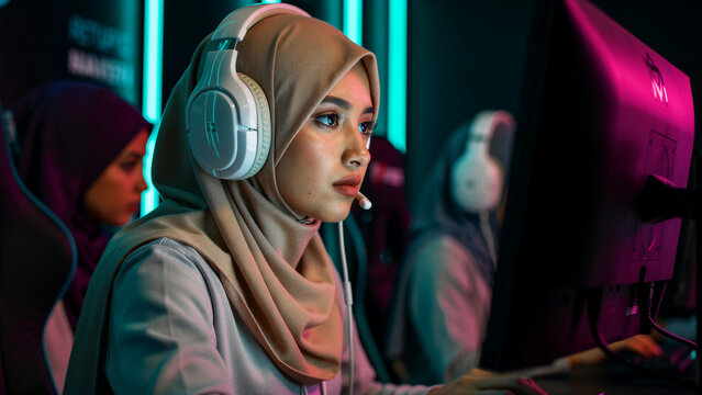 Young Muslim woman wearing a hijab and gaming headphones focused on a computer screen. Female gamer in a neon-lit e-sports arena. Inclusive digital entertainment and diverse technology concept.