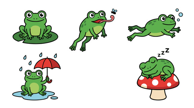 Set of pixel art green frogs in various poses like sitting on a lily pad, jumping, swimming, holding an umbrella in rain, and sleeping on a mushroom, cute amphibian characters for game design