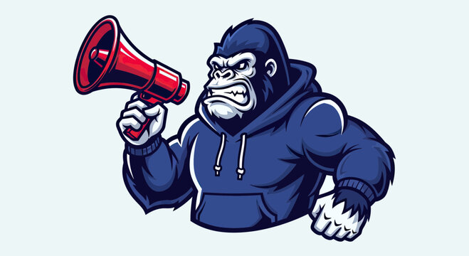 Angry Gorilla Mascot Character Wearing a Blue Hoodie and Holding a Red Megaphone Vector Illustration