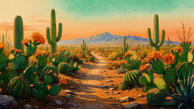 Desert path winding through blooming cacti under a warm sunset sky. Saguaro and prickly pear cacti with orange flowers frame a dirt road. Southwestern wilderness landscape illustration concept.