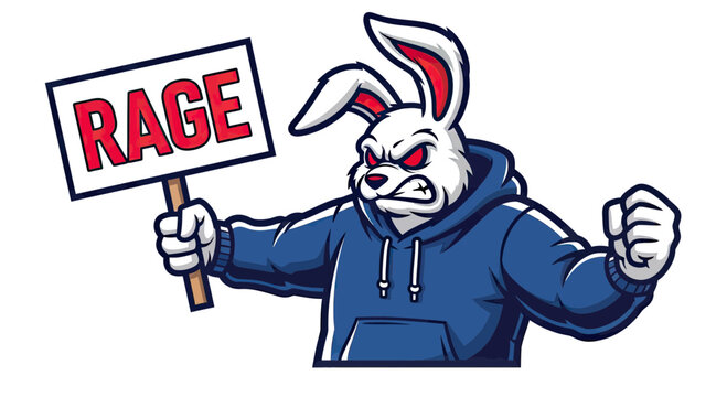 Aggressive Rabbit Mascot Character in Blue Hoodie Holding a Rage Sign