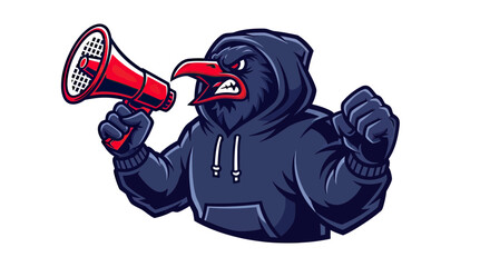 Obraz premium Aggressive Raven Mascot Character in Hoodie Shouting into a Megaphone Vector Illustration