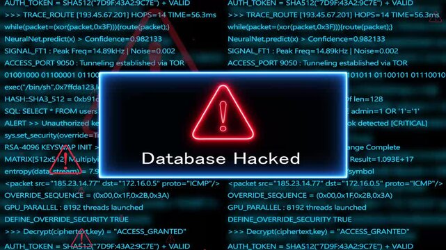 database hacked. Computer hacking error message warning internet virus of hacker attack, system error or security breach on computer. cyber-attack. Warning on the screen.
