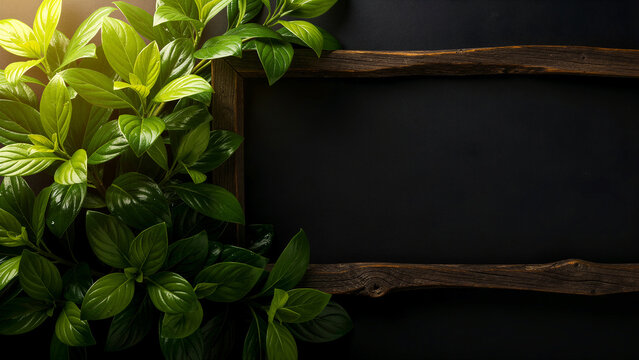 Lush green leaves beside a rustic wooden frame on a black background. Natural foliage creates an organic border. Eco-friendly template with copy space for restaurant menus and nature marketing.