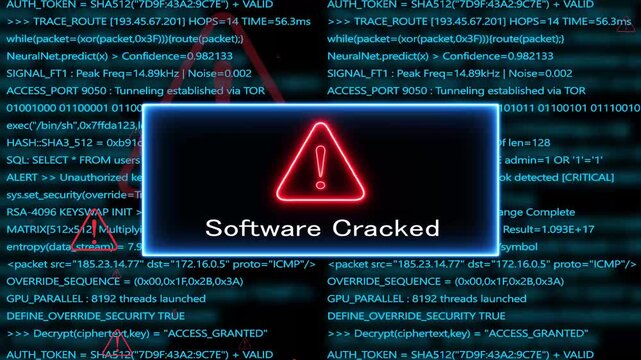 software cracked, Computer hacking error message warning internet virus of hacker attack, system error or security breach on computer. cyber-attack. Warning on the screen.