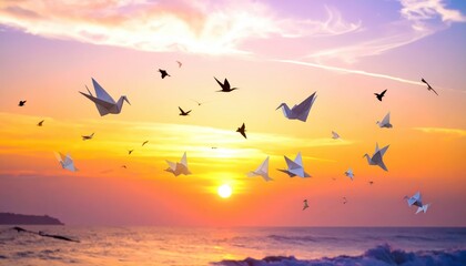 Obraz premium Origami Cranes and Real Birds Soaring Together in Formation During a Beautiful Sunset Over the Ocean