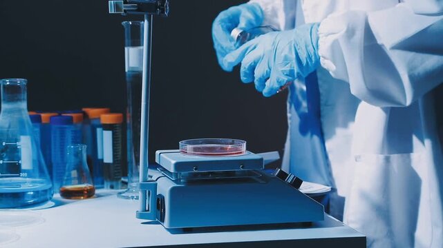 A laboratory technician makes microscopic bacteriological examination with the reagents. Work in microlaboratories