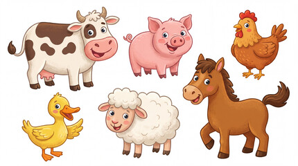 Fototapeta premium Cute Farm Animals Cartoon Illustration with Cow, Pig, and Sheep