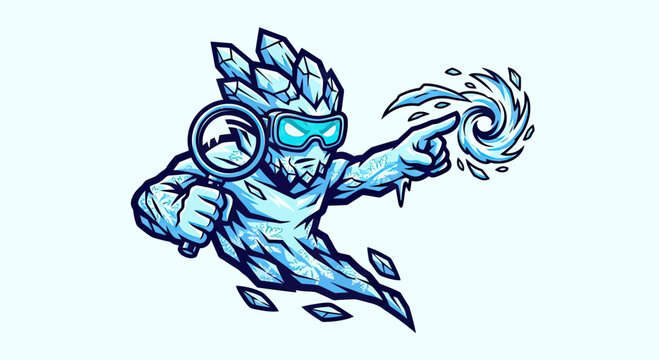 Ice Monster Detective Mascot Character Holding Magnifying Glass and Pointing at Swirling Blizzard, Fantasy Vector Illustration