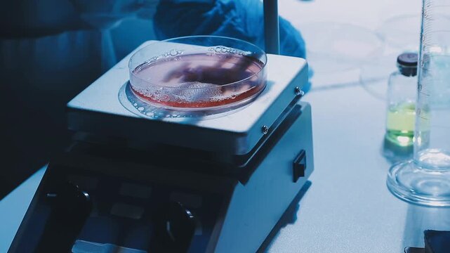 A laboratory technician makes microscopic bacteriological examination with the reagents. Work in microlaboratories