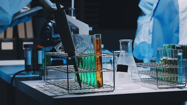 A laboratory technician makes microscopic bacteriological examination with the reagents. Work in microlaboratories
