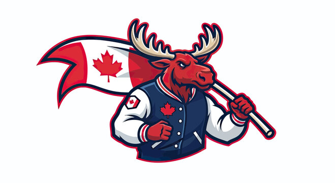 Canada Moose Mascot Wearing Varsity Jacket and Holding Canadian Flag Vector Illustration