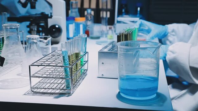 A laboratory technician makes microscopic bacteriological examination with the reagents. Work in microlaboratories