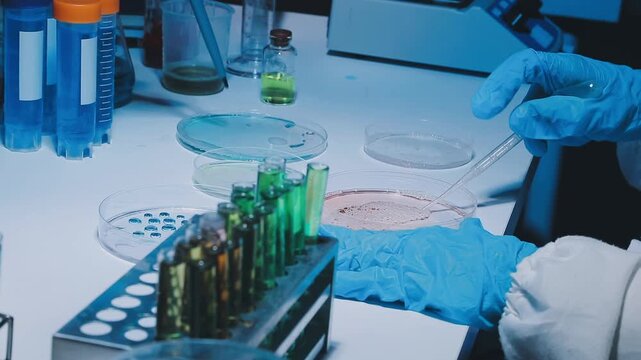 A laboratory technician makes microscopic bacteriological examination with the reagents. Work in microlaboratories