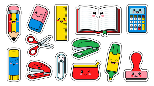 Kawaii Cute School Supplies Sticker Set &mdash; Pencil, Eraser, Scissors, Ruler, Open Book, Calculator, Crayon, Stapler, Paper Clip, Pencil Case, Highlighter, Stamp | Smiling Face Cartoon Flat Vector Sticke