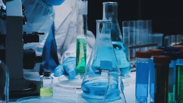 A laboratory technician makes microscopic bacteriological examination with the reagents. Work in microlaboratories
