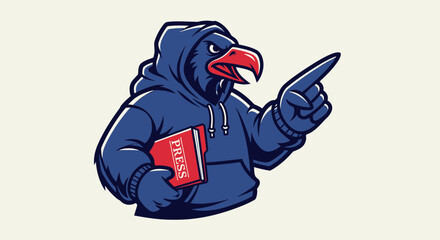 Obraz premium Angry Crow Journalist Mascot Wearing Hoodie Holding Press Badge and Pointing Vector Illustration