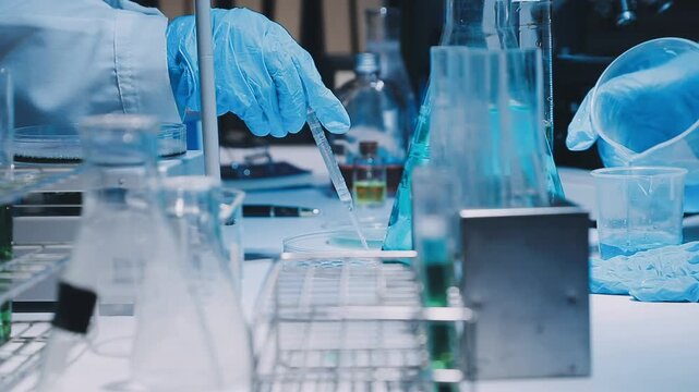 A laboratory technician makes microscopic bacteriological examination with the reagents. Work in microlaboratories