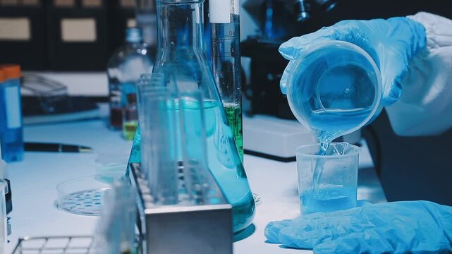 A laboratory technician makes microscopic bacteriological examination with the reagents. Work in microlaboratories
