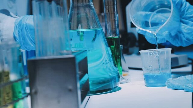 A laboratory technician makes microscopic bacteriological examination with the reagents. Work in microlaboratories