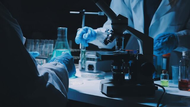 A laboratory technician makes microscopic bacteriological examination with the reagents. Work in microlaboratories