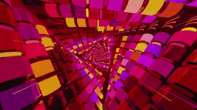 Hypnotic seamless VJ loop of a futuristic geometric spiral tunnel. Abstractvortex made of twisting blocks and digital structures, creating a deep perspective for stage screens and techno music events