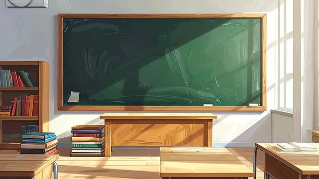 An empty classroom features a wooden desk and a large green chalkboard on the wall