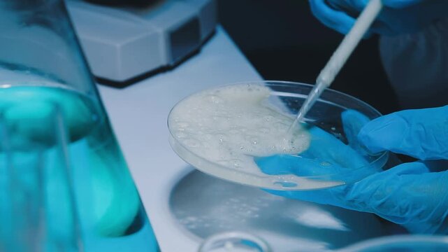 A laboratory technician makes microscopic bacteriological examination with the reagents. Work in microlaboratories