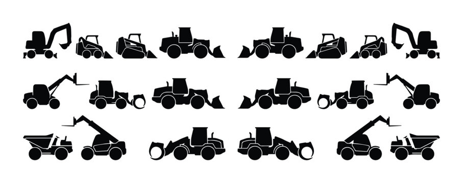 Heavy construction machinery silhouettes, 18 industrial vehicle icons set, black excavator and bulldozer vector graphics for civil engineering projects
