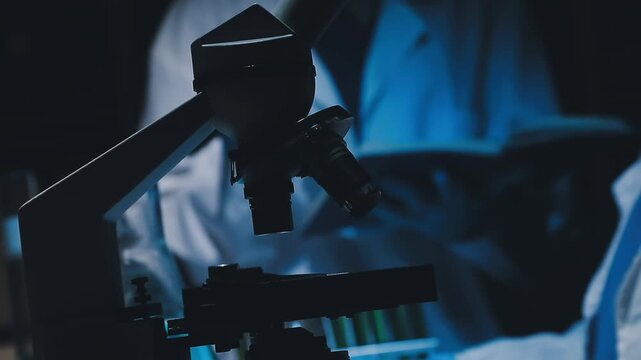 A laboratory technician makes microscopic bacteriological examination with the reagents. Work in microlaboratories