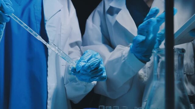 A laboratory technician makes microscopic bacteriological examination with the reagents. Work in microlaboratories