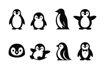 Minimalist penguin icon set, 8 black and white vector penguin silhouettes, cute arctic animal character illustrations for logo design and branding © Farah-Studio