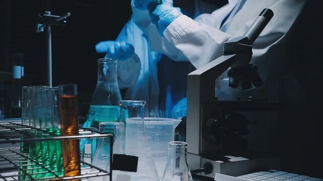 A laboratory technician makes microscopic bacteriological examination with the reagents. Work in microlaboratories