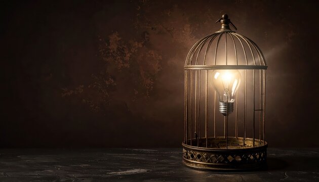 Ornate antique birdcage holds a glowing lightbulb, symbolizing caged ideas and potential.
