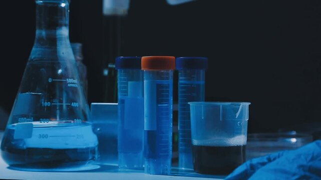 A laboratory technician makes microscopic bacteriological examination with the reagents. Work in microlaboratories