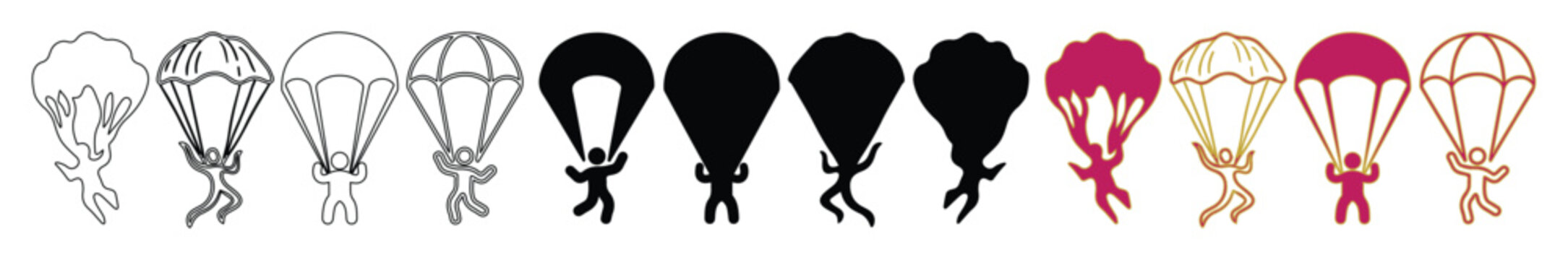 Parachute skydiver icon set, 12 vector silhouettes of paragliders and skydiving athletes, extreme sports jumping symbols in black and pink