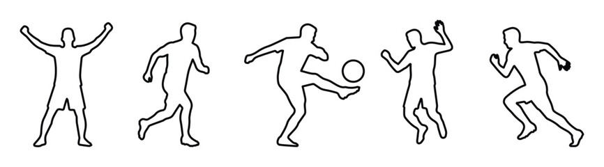 Minimalist soccer player outline silhouettes, set of 5 football athlete line icons, black contour sports figures kicking ball and running © Farah-Studio