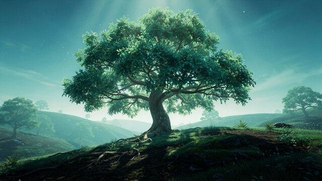 Majestic ancient tree standing on a grassy hill with ethereal light rays. Lush green landscape featuring rolling meadows and a misty atmosphere. Growth and longevity concept for nature branding.